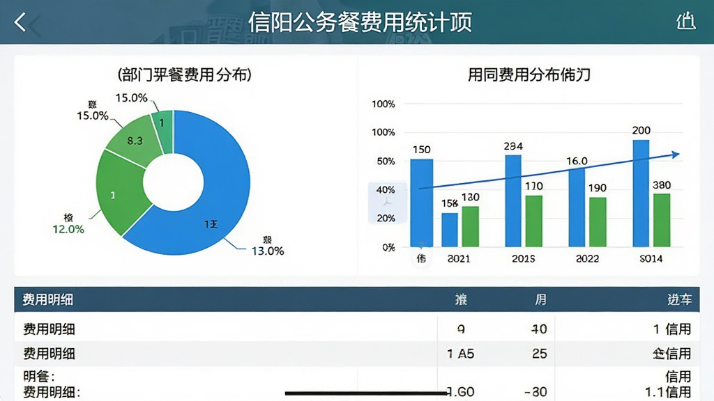 一张信阳公务餐费用统计页面的手机截图,画面显示饼状图和柱状图展示不同部门的用餐费用分布,下方有费用明细列表,整体布局清晰,风格为数据可视化商务风,细节包括蓝色和绿色图表配色、数字标注,画质高清,干净,无多余元素