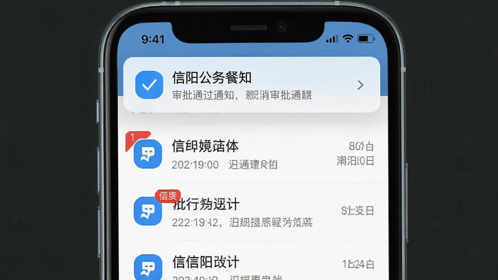 一张信阳公务餐消息通知界面的手机截图,屏幕上方弹出新消息提醒横幅,内容为审批通过通知,下方为消息列表,整体布局为上下结构,风格为现代简约风,细节包括红色角标、蓝色图标,画质高清,干净,无多余元素