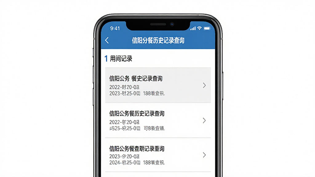 一幅展示信阳公务餐历史记录查询界面的图片,手机屏幕内显示按时间排序的用餐记录列表,每条记录可展开查看详情,背景为纯白色,手机居中放置,风格为极简商务风,细节包括灰色分隔线、蓝色标题文字,画质高清,干净,无多余元素