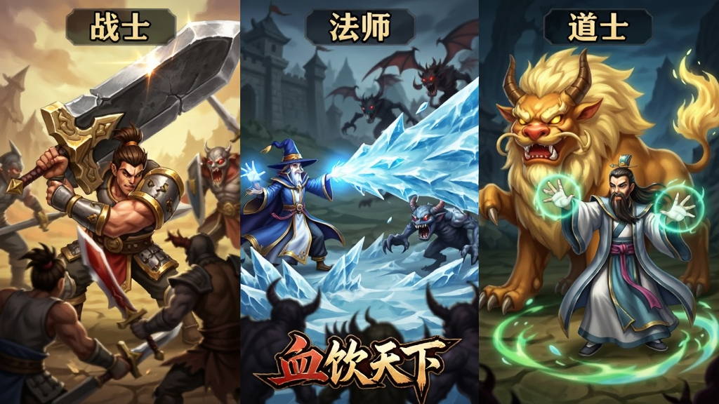 画面分为三个并列区域,左侧展示手持巨剑的战士在近身搏杀,中间展示法师释放冰咆哮覆盖大片怪物,右侧展示道士召唤神兽并施放治愈术,三个区域上方分别标注“战士”“法师”“道士”字样,底部中央放置“血饮天下”游戏Logo,整体风格为2D奇幻游戏原画,色彩鲜明,细节丰富,画质清晰,无杂乱背景