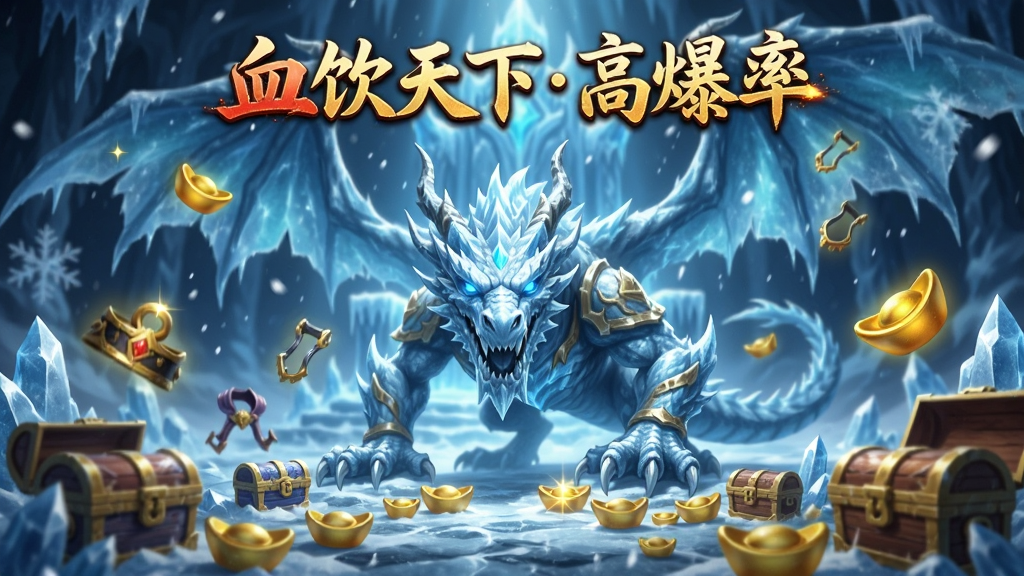 画面中央是一只巨大的冰雪巨龙BOSS,身体周围散落着闪烁金光的装备与元宝,地面铺满冰晶与宝箱,上方悬浮“血饮天下高爆率”艺术字,背景为冰封王座场景,风格偏向魔幻写实,色调以冰蓝与金色为主,细节包含飘散的雪花与光柱特效,画质精美,构图紧凑,无多余装饰