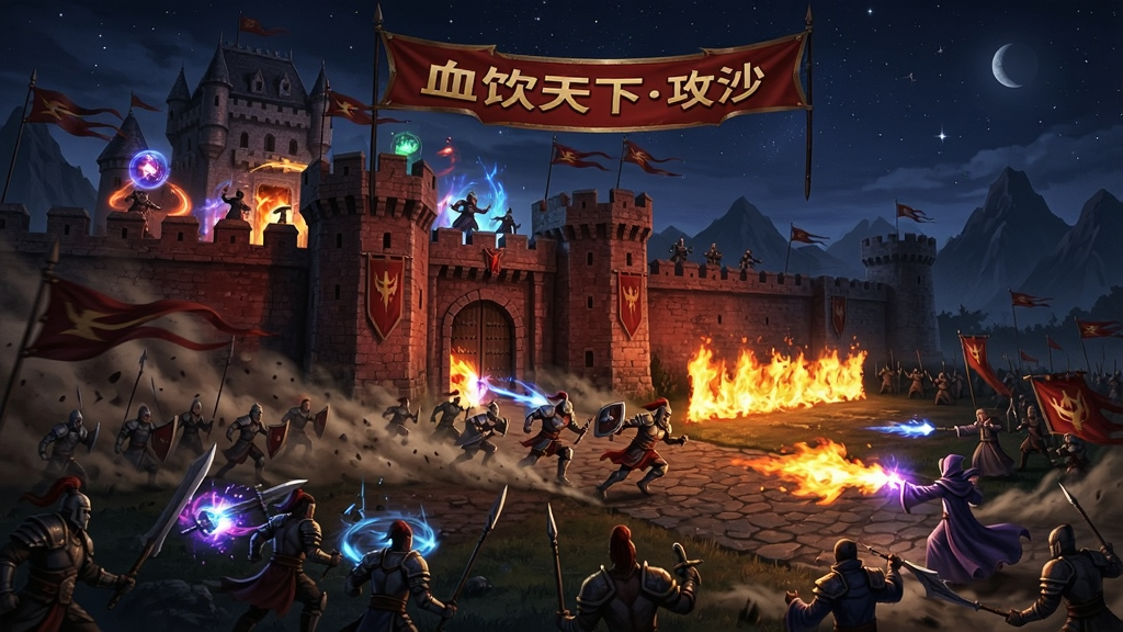 画面描绘夜晚的沙巴克城堡,城墙上下聚集大量玩家角色,技能特效照亮夜空,城门处有战士冲锋与法师释放火墙,上方悬浮“血饮天下攻沙”红色横幅,背景为星空与远山,风格为史诗奇幻战争场景,色调以暗红与深蓝为主,细节包含飞扬的尘土与旗帜,画质高清,构图宏大,无杂乱元素
