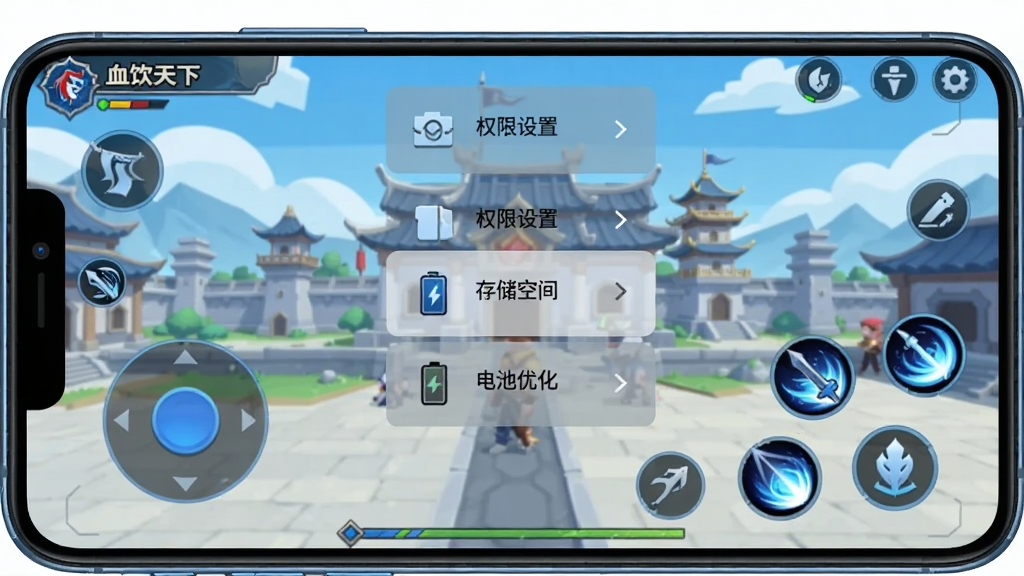 画面展示一部智能手机横屏运行“血饮天下”游戏界面,屏幕左侧为虚拟摇杆,右侧为技能按钮,屏幕上方弹出“权限设置”“存储空间”“电池优化”三个半透明提示框,背景为游戏内的比奇城场景,风格为扁平化科技插画,色调以蓝白为主,细节包含清晰的图标与箭头指示,画质干净,无多余文字