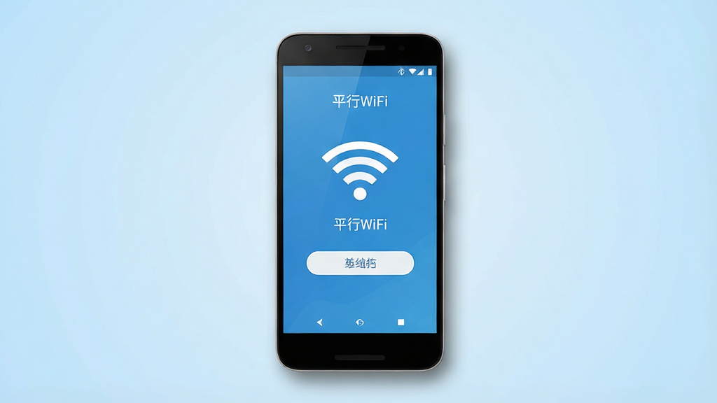 一张展示平行WiFi软件主界面的图片,画面中央放置一部安卓手机,手机屏幕上显示平行WiFi应用界面,界面中包含WiFi信号图标和连接按钮,背景为浅蓝色渐变,布局简洁居中,风格为现代科技感扁平化设计,细节上手机边缘有柔和阴影,界面文字清晰可见