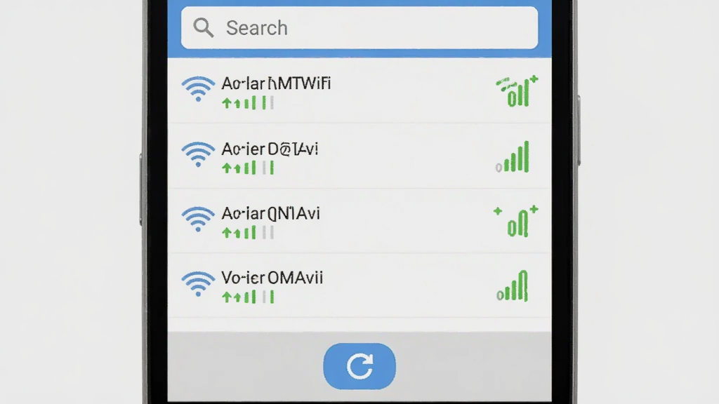 一部安卓手机屏幕显示平行WiFi的热点列表界面,列表中多个WiFi名称旁标注信号强度,手机下方有刷新按钮,背景为淡灰色,风格为扁平化实用工具界面,细节上界面顶部有搜索栏,画质清晰干净,无多余元素