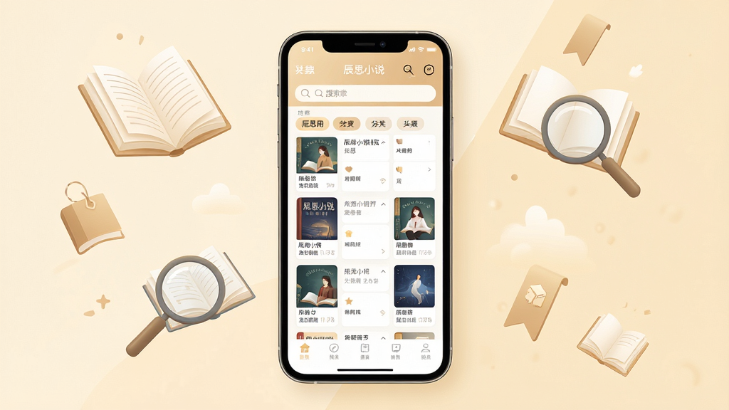 一幅展示辰思小说应用界面的高质量数字插图,画面主体是一部智能手机,屏幕显示着辰思小说清晰整洁的书架列表,背景是柔和护眼的米黄色调,周围漂浮着几本翻开的书籍和放大镜、书签等阅读元素,布局居中对称,风格现代简约清新,细节上体现应用的分类标签与搜索栏,画质高清,画面干净,无多余杂乱元素。