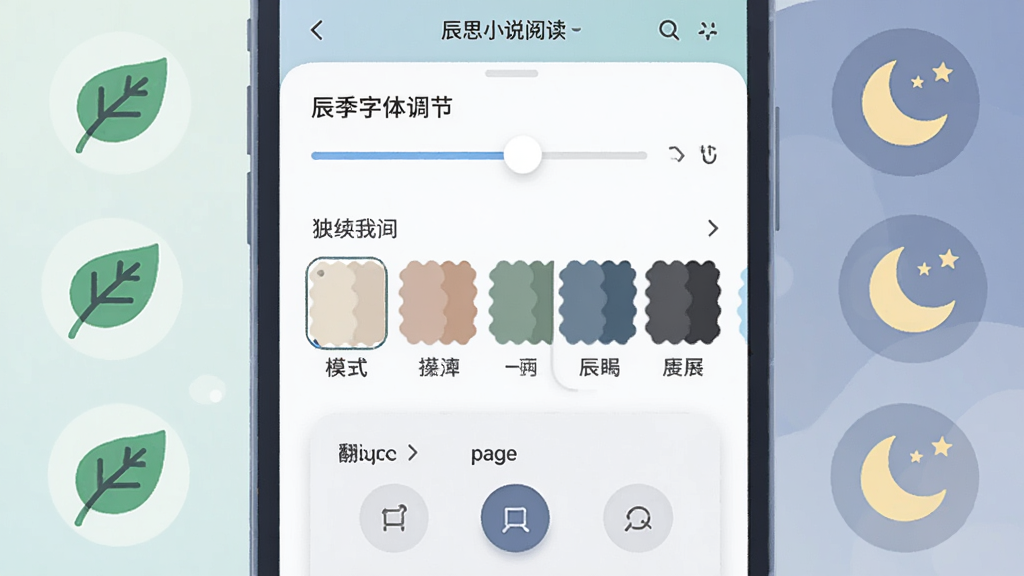 一幅展示辰思小说阅读设置界面的创意插图,画面中央是手机屏幕特写,显示着字体调节滑块、多种背景颜色选项和翻页动画选择菜单,四周环绕着象征护眼模式的绿叶图标和象征夜间模式的月亮星星图标,风格扁平化设计,色彩柔和舒适,细节清晰展现设置选项的层次感,画质精细,画面整洁无干扰。