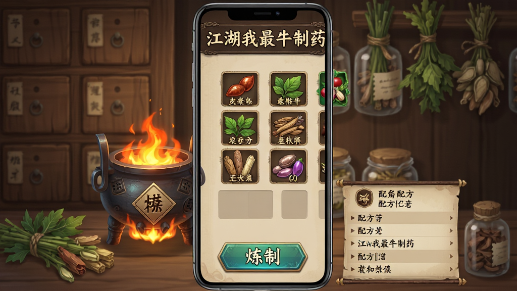 ��������ţ��ҩ���棬����Ϊ�ֻ���Ļ���沼�֣���Ļ��չʾ��¯���ҩ���ϲ�λ���·������ư�ť���䷽�б�������Ϊľ��ҩ�����ҩ�������Ϊ����������Ϸ���棬ϸ�ڰ�����¯���������ͼ�꣬���ʸ��壬�ɾ����޶���Ԫ��