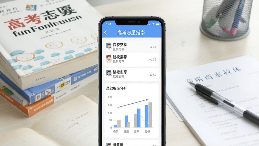 一张展示高考志愿指南软件主界面的图片,画面中央是手机屏幕,屏幕上显示着院校推荐列表和录取概率分析图表,背景是书桌场景,桌上放着高考志愿填报书籍和笔,整体风格清新明亮,画质清晰干净,无多余元素
