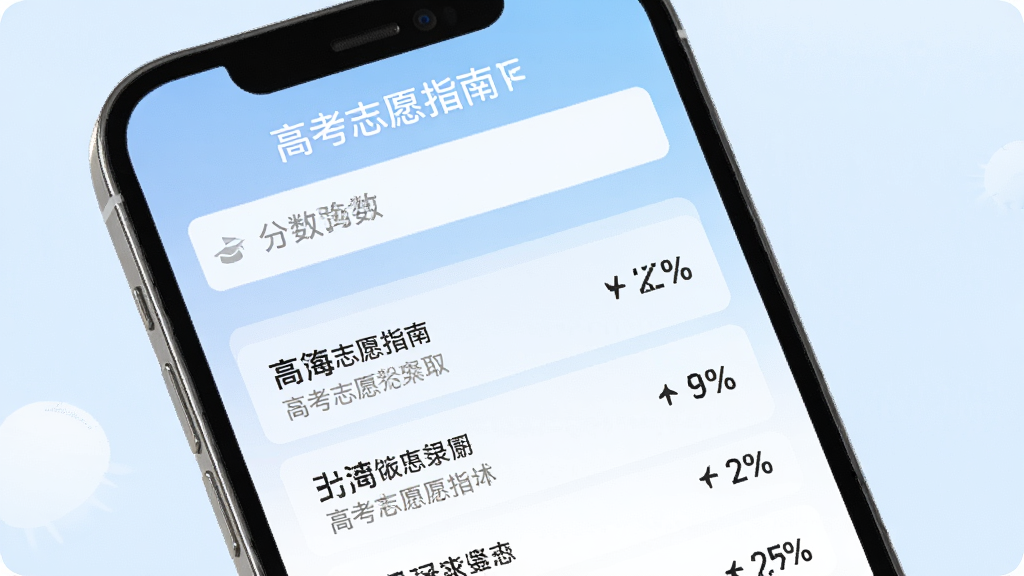 手机屏幕显示高考志愿指南的智能推荐页面,页面顶部有分数输入框,下方列出多所院校名称与录取概率百分比,背景为淡蓝色渐变,风格简洁现代,画质清晰干净