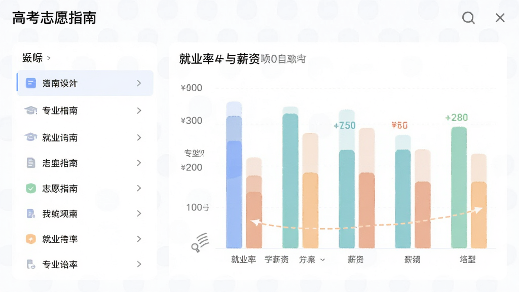 高考志愿指南软件内的专业就业数据对比界面,左侧是专业列表,右侧是柱状图展示就业率与薪资,配色柔和,布局清晰,画质干净无多余元素