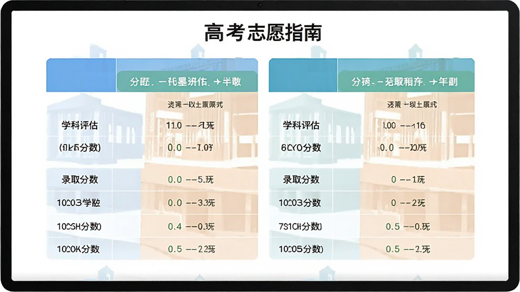 高考志愿指南的院校对比界面,屏幕上显示两所大学的对比表格,包含学科评估、录取分数等行,表格配色清爽,背景为白色,画质清晰干净
