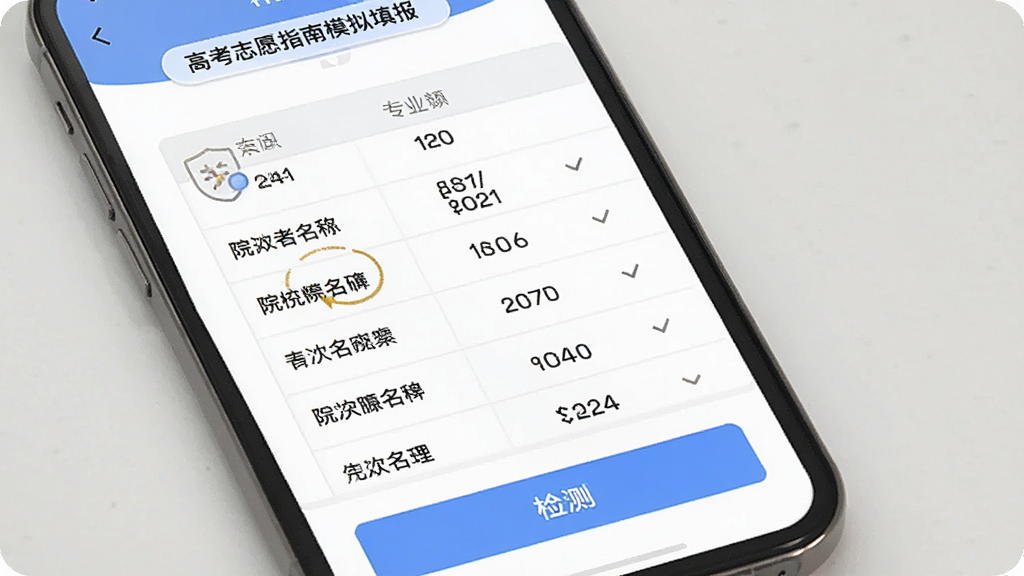 高考志愿指南模拟填报页面,手机屏幕上显示志愿表表格,每行有院校名称和专业代码,底部有检测按钮,界面风格简约,画质清晰干净