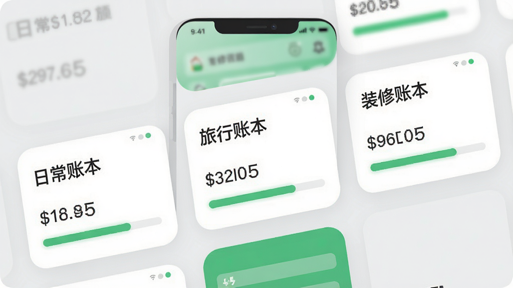 手机界面展示多个账本卡片排列,卡片上分别写