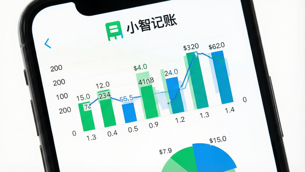 手机屏幕显示柱状图与饼状图组合的财务统计报表,图表上方有