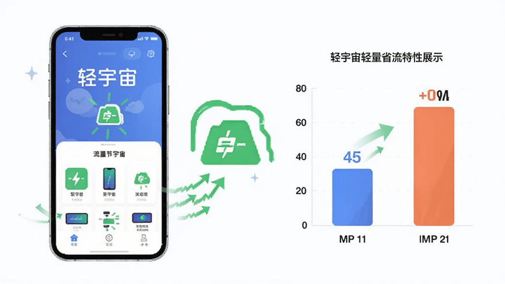 轻宇宙轻量省流特性展示图,主体为手机与数据流量图标组合,布局左侧为手机屏幕显示轻宇宙界面,右侧为流量节省对比图表,风格为扁平化商务风,细节包含绿色节能标识与速度线条,画质清晰,画面干净,无多余元素