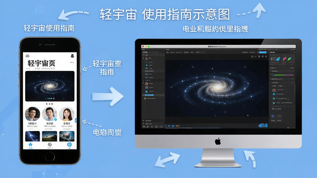 轻宇宙使用指南示意图,主体为手机与电脑模拟器并列展示,布局左侧手机显示轻宇宙首页,右侧电脑屏幕显示模拟器运行界面,排版对称,风格为教程说明风,细节包含箭头标注与文字标签,画质清晰,画面干净,无多余元素