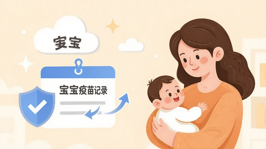 主体为一位妈妈抱着宝宝,旁边漂浮着云端图标和疫苗记录卡片,布局为左右结构,排版温馨,风格为扁平插画风,细节包含盾牌安全标识和同步箭头,画质高清干净无多余元素,画面中带有