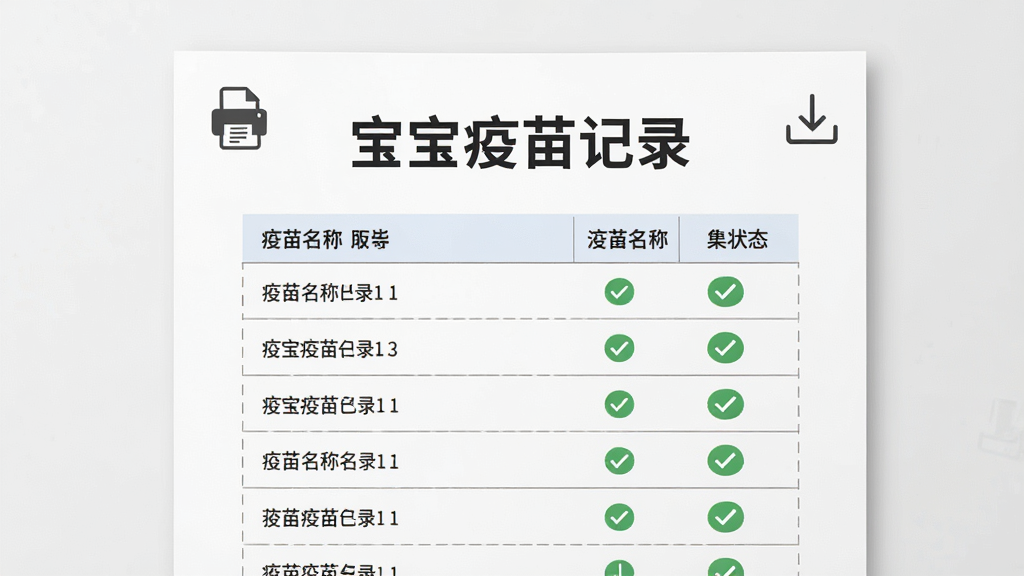 主体为一张A4纸样式的评估报告,上面有疫苗名称列表和状态标记,布局为居中展示,排版规整,风格为商务简约风,细节包含打印图标和下载箭头,画质高清干净无多余元素,报告顶部写有