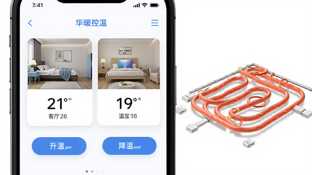 华暖APP远程控温功能界面,手机屏幕显示客厅与卧室两个温控卡片,客厅温度21度、卧室19度,下方有升温与降温按钮,画面右侧有地暖管道示意图,整体配色以蓝白为主,风格现代简约,画质清晰干净