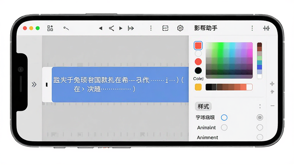 Ӱ������Ļ�༭���棬����Ϊ�ֻ���Ļ��ʾ��Ļ�������ʽ������壬����Ϊ���½ṹ���Ű����������Ϊ��Լ���߷磬ϸ�ڰ�����Ļ���֡���ɫѡ����������ѡ����ʸ��壬�ɾ����޶���Ԫ��