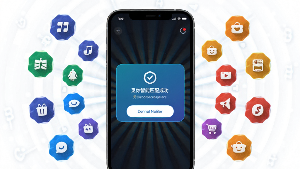 觅你智能匹配功能界面图,画面主体为手机屏幕显示匹配成功弹窗,屏幕周围环绕着代表不同兴趣的彩色图标,布局采用中心辐射状,风格科技感十足,细节展示兴趣标签如音乐、旅行、电影等,画质清晰,背景干净