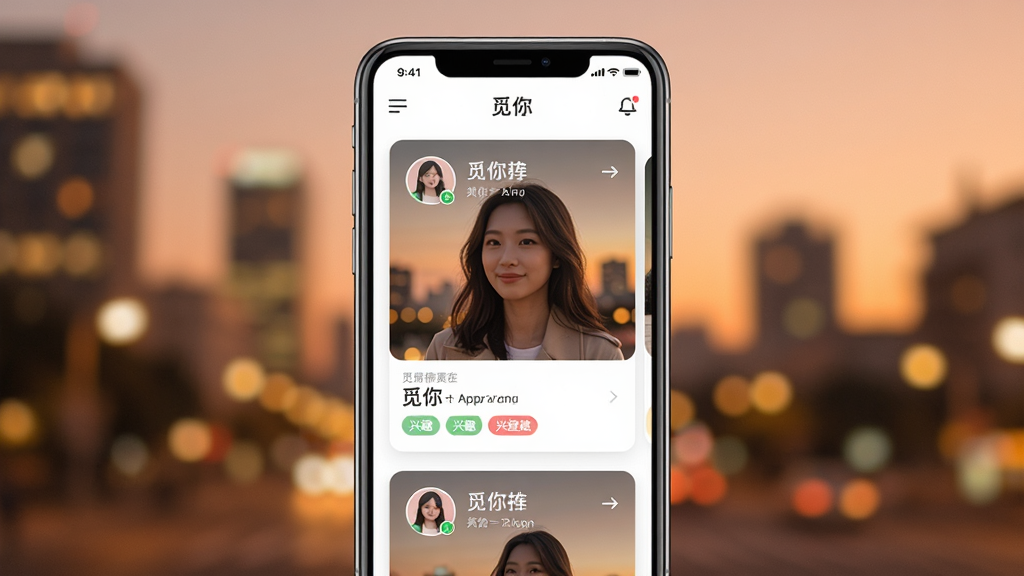觅你APP主界面展示图,画面中央是一部智能手机,屏幕上显示觅你软件的社交推荐卡片界面,背景为柔和的暖色调城市夜景,主体清晰,布局居中,风格现代简洁,细节包括用户头像卡片与兴趣标签,画质高清,干净无多余元素