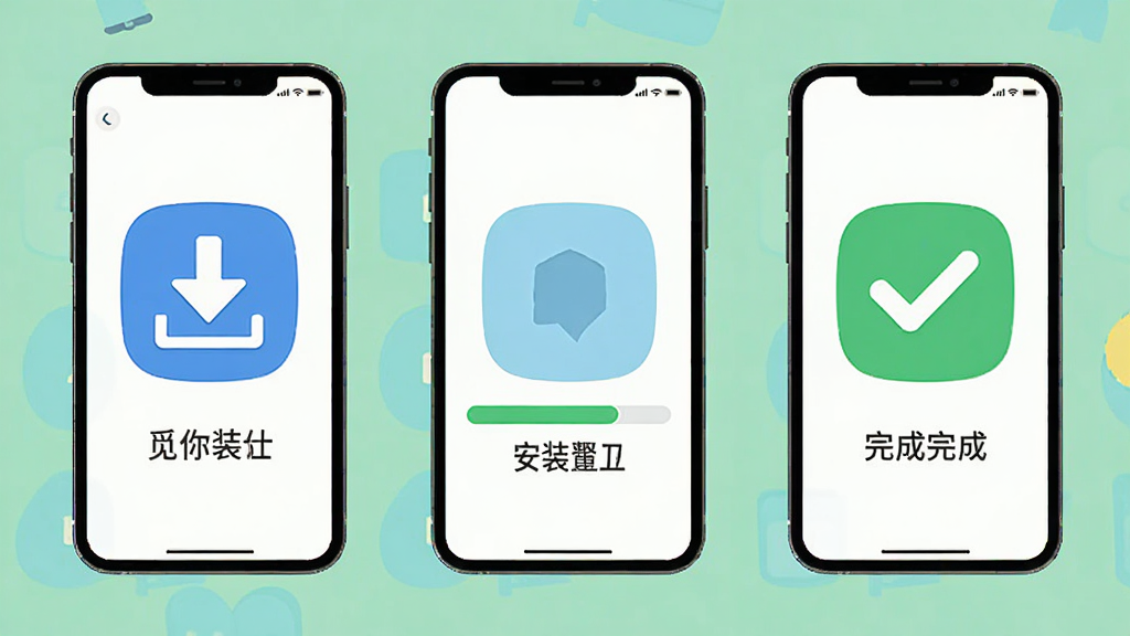 觅你APP安装设置步骤示意图,画面展示手机屏幕从下载到安装完成的三个步骤图标,布局为横向排列,风格扁平化教学,细节有下载箭头、安装进度条与完成勾选,画质清晰,背景干净