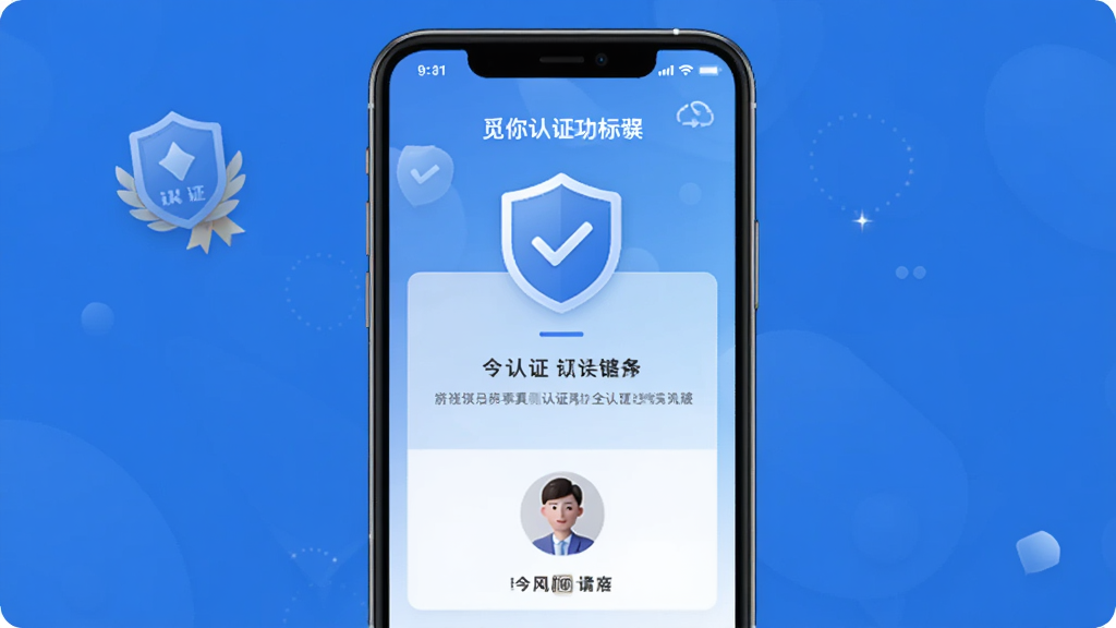 觅你真人认证标识界面图,画面主体为手机屏幕显示认证成功页面,带有盾牌与勾选图标,布局简洁居中,风格安全可靠,细节有认证徽章与用户头像,画质干净清晰