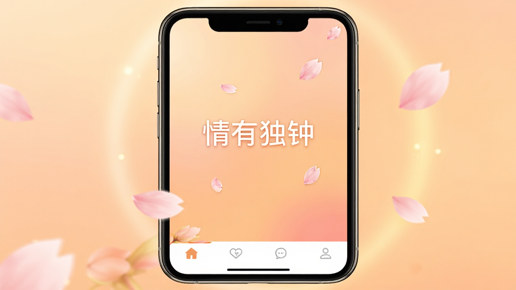 一张温馨的手机应用界面展示图,画面中央是一部智能手机,屏幕上显示着“情有独钟”的启动页面,背景是柔和的暖色调渐变,周围点缀着飘落的樱花花瓣和柔和的光晕。手机下方是简洁的导航栏,整体风格温暖治愈,干净无多余元素,画质高清。
