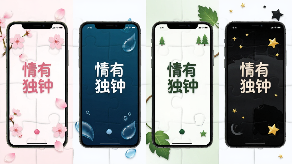 一个展示手机应用个性化主题的拼图,画面中有四部手机并排展示,每一部手机屏幕上都是“情有独钟”的不同主题界面,分别为樱花粉、深海蓝、森林绿和暗夜黑,手机周围有相应的装饰元素如花瓣、水滴、树叶和星星,整体风格多样且统一,画质高清,干净无多余元素。