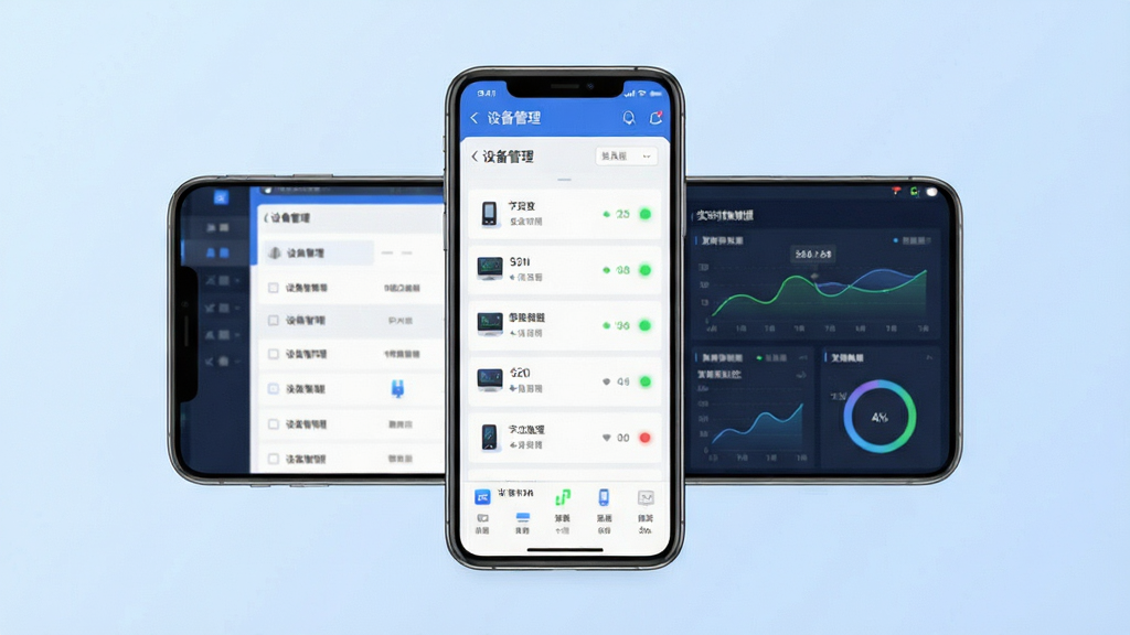 博立数智服务应用主界面展示,画面中央放置一部智能手机,屏幕显示设备管理列表和实时数据仪表盘,背景为浅蓝色渐变,布局简洁对称,排版清晰有序,风格为现代科技感扁平化设计,细节包括设备图标、状态指示灯、数据曲线图,画质高清,干净,无多余元素