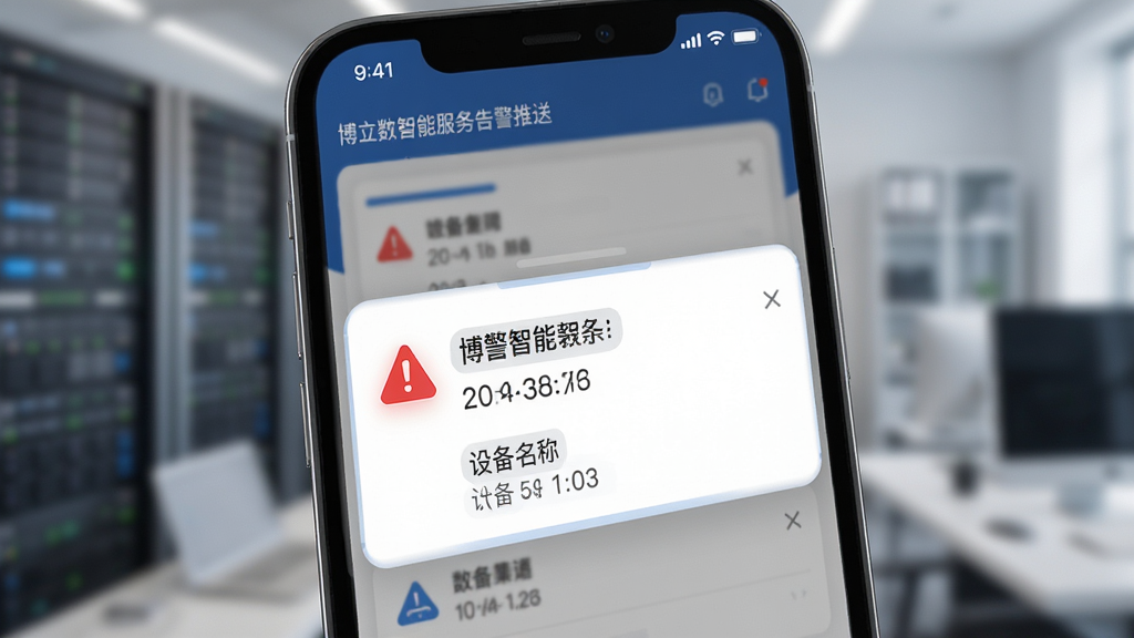 博立数智服务告警推送界面,主体为手机屏幕弹出告警通知卡片,布局为上下结构,排版突出告警等级标识,风格为简洁商务风,细节包括红色警告图标、时间戳、设备名称,画质高清,干净,无多余元素