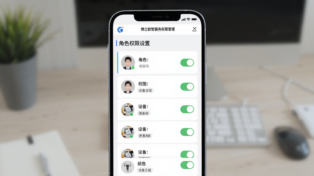 博立数智服务权限管理界面,主体为手机屏幕展示角色权限设置页面,布局为列表式排列,排版整齐,风格为浅色极简风,细节包括角色头像、权限开关、设备分组标签,画质清晰,干净,无多余元素