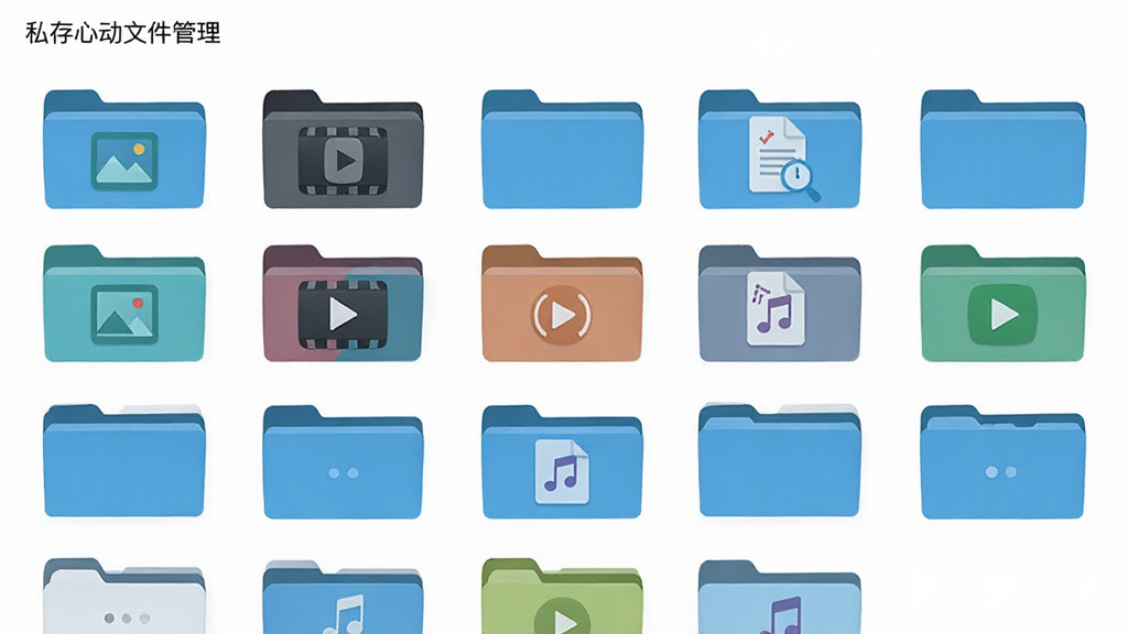 私存心动文件管理界面,主体是分类清晰的文件夹图标排列,布局为网格状,排版整齐,风格扁平化设计,细节包含图片、视频、文档、音频图标,画质高清,干净,无多余元素