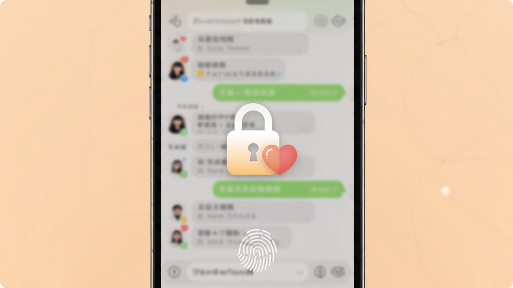 私存心动软件主界面展示,主体是一个带有密码锁和爱心图标的手机屏幕,布局为居中展示,排版简洁,风格温馨科技感,细节包含模糊的聊天记录背景、指纹解锁图标,画质高清,干净,无多余元素