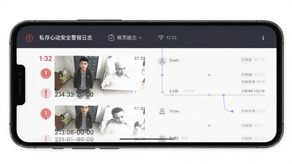 私存心动安全警报日志界面,主体是手机屏幕显示抓拍照片和时间轴,布局为列表式,排版清晰,风格严肃安全,细节包含红色感叹号、时间戳,画质清晰,干净,无多余元素