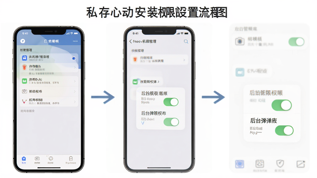 私存心动安装权限设置流程图,主体是手机屏幕显示权限管理界面,布局为分步图示,排版清晰,风格教程指引,细节包含存储、相机、后台弹出权限开关,画质高清,干净,无多余元素