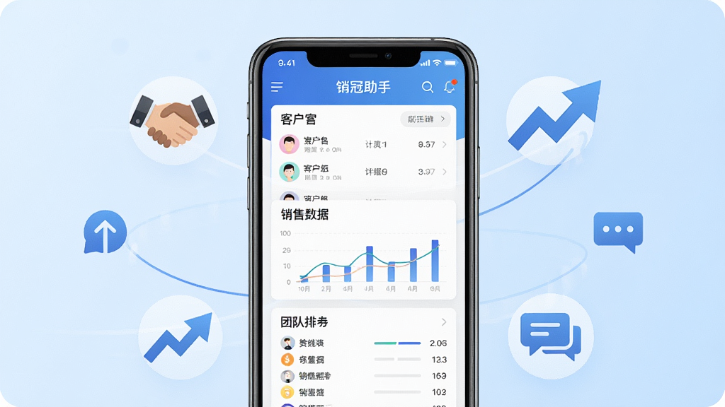 一张展示销冠助手手机应用主界面的图片,画面中央是一部智能手机,屏幕上显示着销冠助手App的仪表盘界面,包含客户列表、销售数据图表和团队排行等模块。手机周围环绕着简洁的商务图标,如握手、上升箭头和对话气泡。背景为浅蓝色渐变,整体风格现代、干净、专业。画质清晰,无多余元素。