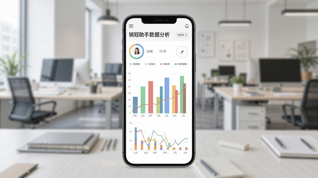 销冠助手数据分析看板界面,手机屏幕展示彩色柱状图和折线图,背景为模糊的办公室环境,风格简洁现代,画质干净。