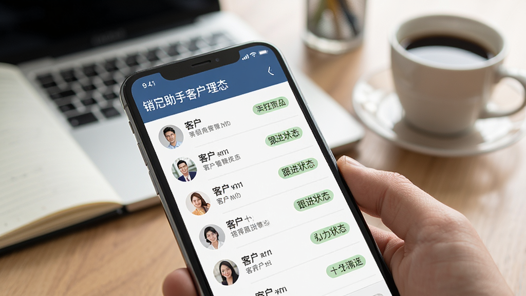 销冠助手客户管理界面特写,手机屏幕显示客户列表与跟进状态标签,背景为办公桌场景,有笔记本和咖啡杯,风格商务清新,画质清晰。