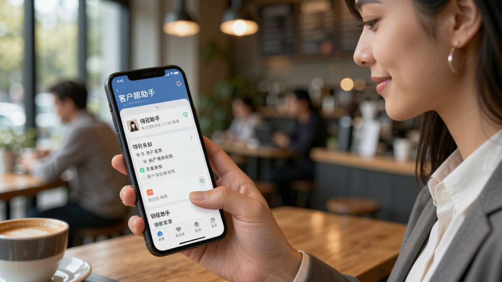 销冠助手移动端使用场景图,一位销售人员在咖啡厅用手机查看客户跟进提醒,手机屏幕显示销冠助手通知界面,背景虚化,风格生活化,画质清晰。