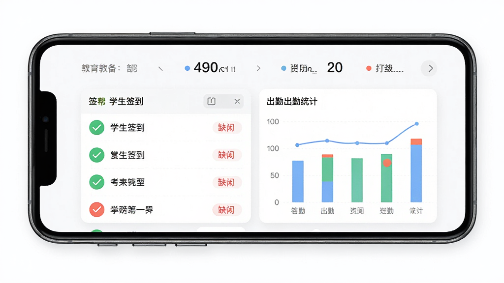 课教帮教师端考勤功能展示图,主体为手机屏幕显示学生签到列表和出勤统计图表,布局为手机正面平放视角,屏幕内容占据画面主体,排版简洁清晰,风格为现代教育科技感UI展示,细节包括绿色对勾签到状态、红色缺勤标记和顶部统计数字,画质高清锐利干净无多余元素