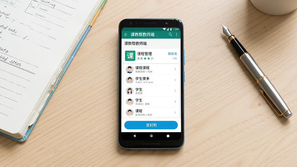 一张展示课教帮教师端手机应用界面的场景图,主体为一部安卓手机屏幕显示课教帮教师端课程管理页面,布局为手机居中放置于浅色木质桌面,周围有教案本和钢笔作为点缀,排版采用45度俯视视角,风格为简洁明亮的教学场景摄影风,细节包括手机屏幕上的课程列表、学生名单和签到按钮清晰可见,画质高清干净无多余元素
