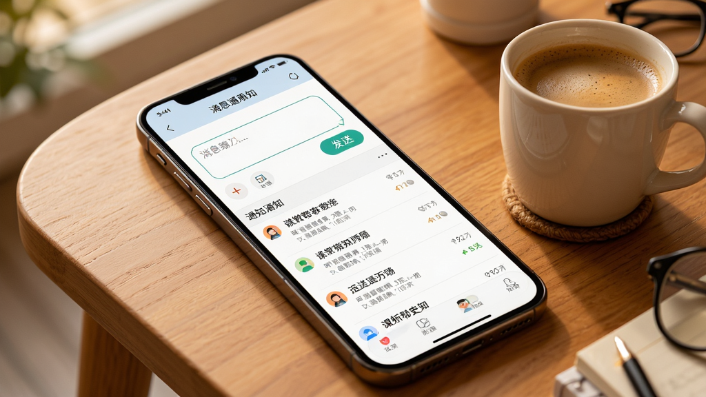 课教帮教师端消息通知界面图,主体为手机屏幕展示消息编辑页面和已发送通知列表,布局为手机斜放于桌面,旁边有一杯咖啡,排版采用生活化场景视角,风格为温暖舒适的教学办公氛围,细节包括消息输入框、发送按钮和通知历史记录列表,画质清晰干净无多余元素