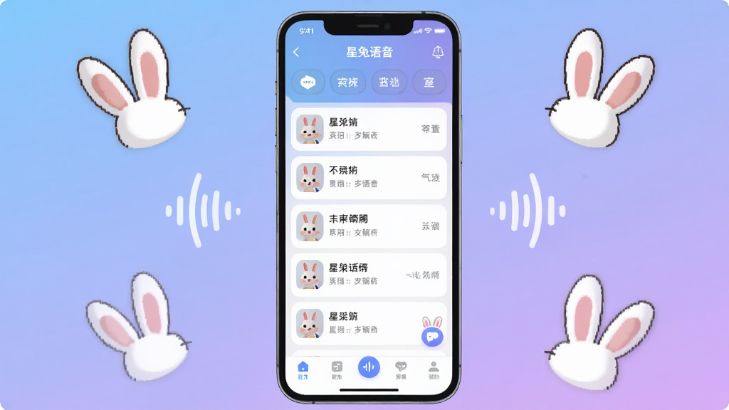 一张手机屏幕展示星兔语音App主界面的场景图,画面中央是手机竖屏,屏幕内显示星兔语音聊天室列表和底部导航栏,背景是柔和的蓝紫色渐变,周围点缀卡通兔子耳朵图标和声波符号,整体风格清新可爱,布局居中对称,画质清晰干净,无多余元素