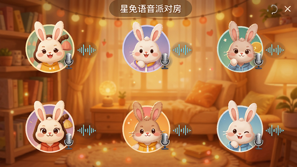 一张展示星兔语音多人语音聊天室界面的图片,画面中有多个圆形头像环绕排列,每个头像旁有麦克风图标和声波跳动效果,房间名称显示为星兔语音派对房,背景是温馨的暖色调,风格活泼明快,画质高清,布局清晰,无多余装饰