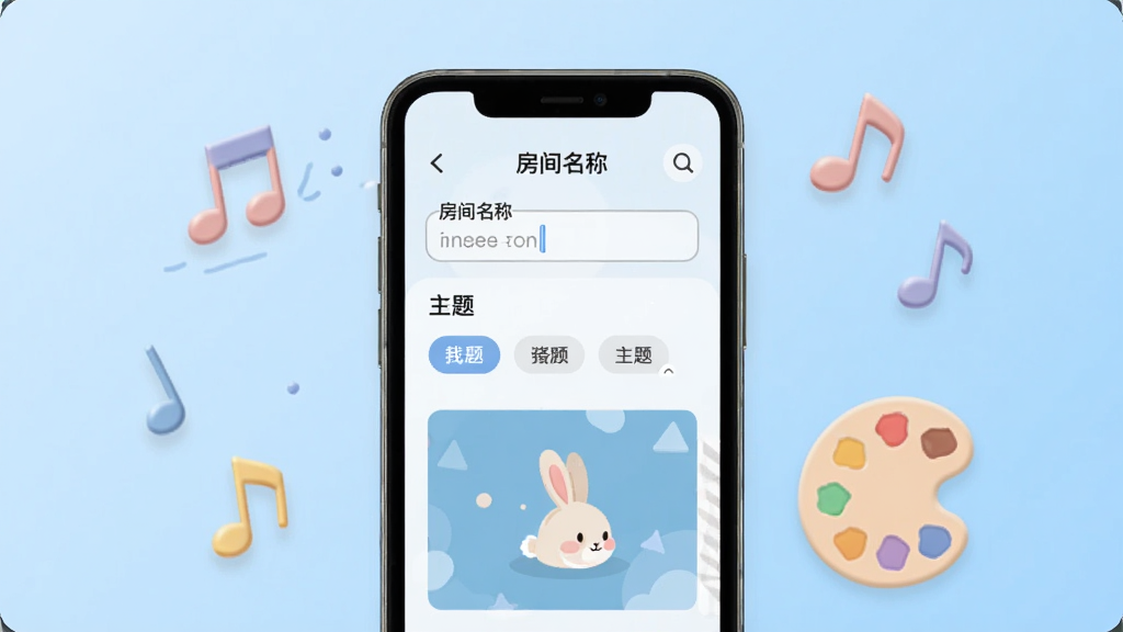 一张展示星兔语音创建房间设置界面的图片,画面中手机屏幕显示房间名称输入框、主题标签选择区和封面预览图,周围有音符和调色盘装饰元素,背景为浅蓝色渐变,风格简约现代,画质干净,布局合理,无多余元素