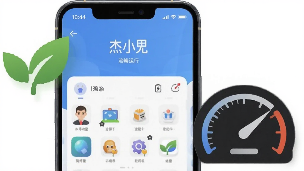 一张展示杰小氪在手机上流畅运行的性能示意图,画面中手机屏幕显示应用界面,旁边有象征低功耗和轻量化的绿色叶子图标与速度仪表盘,背景为纯白色,风格简约商务,画质清晰,干净,无多余元素