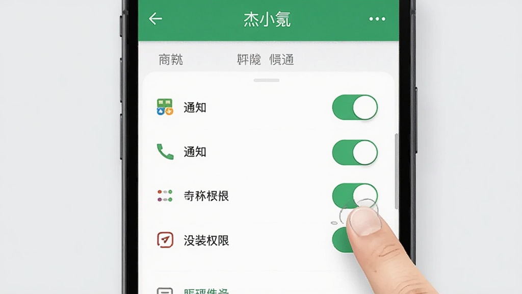 一张展示杰小氪安装权限设置界面的示意图,画面为手机屏幕特写,显示应用权限管理页面,有存储、通知等权限开关,旁边有手指点击操作的示意,背景为浅灰色,风格简洁实用,画质清晰,干净,无多余元素